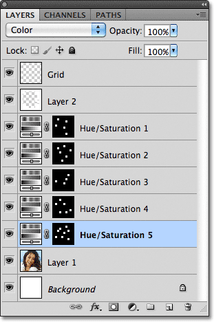 Photoshop Layers panel menampilkan lapisan penyesuaian. Gambar © 2011 Photoshop Essentials.com.