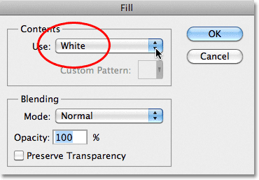 Setting the Use option to White in the Fill dialog box in Photoshop. Image © 2011 Photoshop Essentials.com.