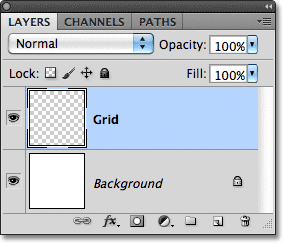 Lapisan baru bernama Grid muncul di panel Layers di Photoshop. Gambar © 2011 Photoshop Essentials.com.