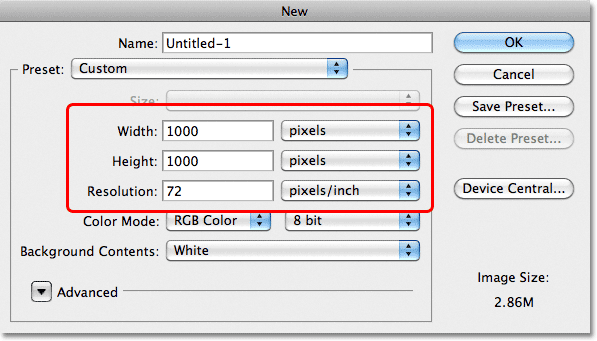 The New Document dialog box in Photoshop. Image © 2011 Photoshop Essentials.com.