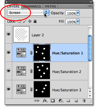 Changing the blend mode of an adjustment layer to Screen. Image © 2011 Photoshop Essentials.com.