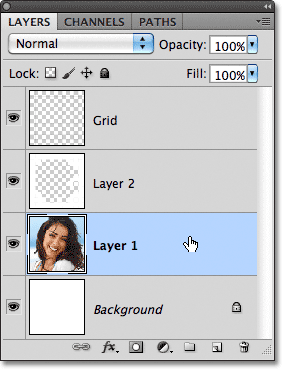 Memilih lapisan foto pada panel Layers di Photoshop. Gambar © 2011 Photoshop Essentials.com.