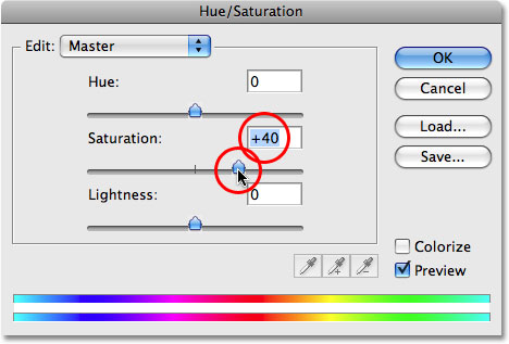 Warna slider Saturation di kotak dialog Hue / Saturation. Gambar © 2008 Photoshop Essentials.com.