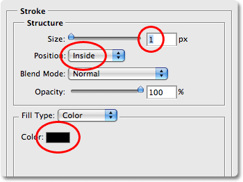 Mengatur opsi Stroke pada kotak dialog Layer Style. Gambar © 2008 Photoshop Essentials.com.