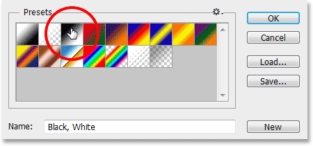 Memilih Hitam, Putih gradien dari Gradient Editor. Image © 2013 Photoshop Essentials.com