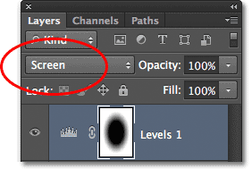 Mengubah modus campuran dari lapisan penyesuaian Tingkat ke Screen. Image © 2012 Photoshop Essentials.com