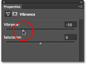 Menyeret slider Vibrance untuk mengurangi saturasi warna. Image © 2012 Photoshop Essentials.com