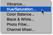 Choosing a Hue/Saturation adjustment layer. Image © 2014 Photoshop Essentials.com.