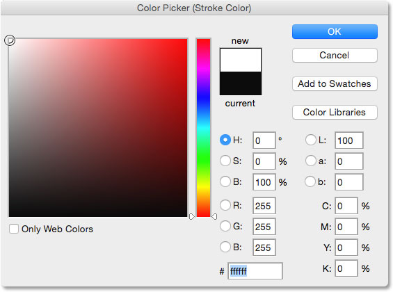 Choosing white in the Color Picker. Image © 2014 Photoshop Essentials.com.