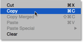 Choosing the Copy command from under the Edit menu. Image © 2014 Photoshop Essentials.com.