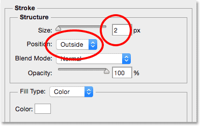 The Position and Size options for the Stroke. Image © 2014 Photoshop Essentials.com.