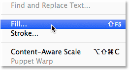 Selecting the Fill command from under the Edit menu. Image © 2014 Photoshop Essentials.com.