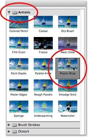 Choosing the Plastic Wrap filter in the Filter gallery Image © 2014 Photoshop Essentials.com.