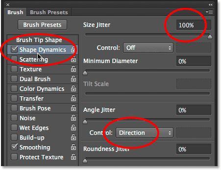 The Shape Dynamics options in the Brushes Panel in Photoshop. Image © 2014 Photoshop Essentials.com.