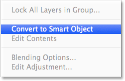 Memilih Convert untuk Cerdas perintah Obyek dalam menu panel Layers. Image © 2013 Photoshop Essentials.com