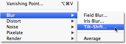 Memilih filter Tilt-Shift di Photoshop CS6. Image © 2012 Photoshop Essentials.com
