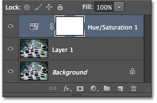 Panel Layers menampilkan lapisan penyesuaian Hue / Saturation. Image © 2012 Photoshop Essentials.com