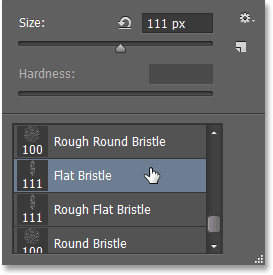 Memilih datar Bristle 111 px sikat dari Preset Picker Brush. Image © 2013 Photoshop Essentials.com