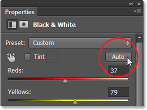 Mengklik tombol Auto untuk lapisan penyesuaian Black & White pada panel Properties. Image © 2013 Photoshop Essentials.com