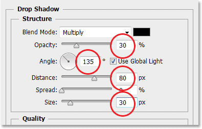 Shadow pilihan Drop dalam kotak dialog Layer Style. Image © 2013 Photoshop Essentials.com