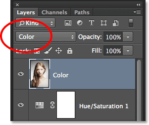 Changing the layer blend mode to Color. Image © 2014 Photoshop Essentials.com