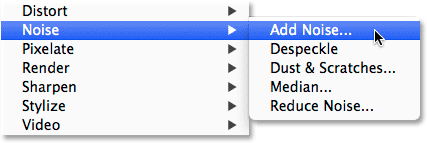 Selecting the Add Noise filter in Photoshop CS6. Image © 2014 Photoshop Essentials.com.