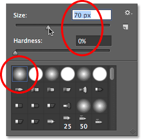 Choosing a soft round brush in the Brush Preset Picker. Image © 2014 Photoshop Essentials.com.