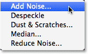 Selecting the Add Noise filter from the Filter menu in Photoshop. Image © 2013 Photoshop Essentials.com