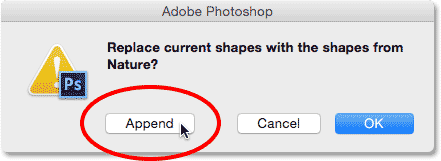Choosing to append the Nature shapes to the original shapes. Image © 2014 Photoshop Essentials.com.