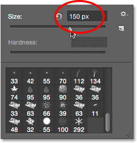 Lowering the brush size in the Brush Preset Picker. Image © 2014 Photoshop Essentials.com.