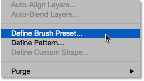 Выбор Define Brush Preset из-под меню Edit. Image © 2014 Photoshop Essentials.com.