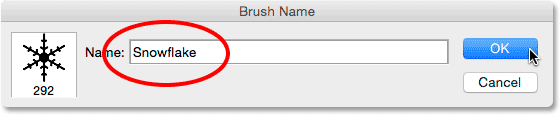 Naming the brush in the Brush Name dialog box. Image © 2014 Photoshop Essentials.com.