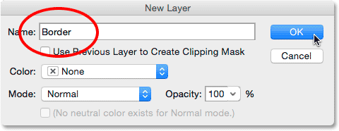 Naming the new layer in the New Layer dialog box. Image © 2014 Photoshop Essentials.com.