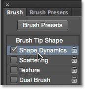 Нажатие на словах Shape Dynamics в панели Brush. Image © 2014 Photoshop Essentials.com.