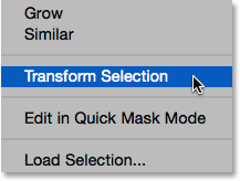 Choosing the Transform Selection command from under the Select menu. Image © 2014 Photoshop Essentials.com.