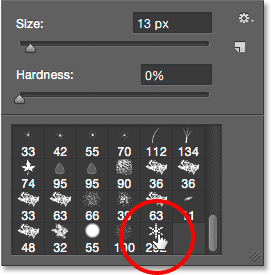 Choosing the custom snowflake brush from the Brush Preset Picker. Image © 2014 Photoshop Essentials.com.