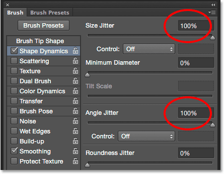 Setting Size Jitter and Angle Jitter to 100% in the Brush panel. Image © 2014 Photoshop Essentials.com.