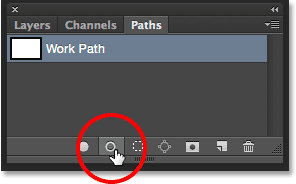 Clicking the Stroke Path With Brush icon in the Paths panel. Image © 2014 Photoshop Essentials.com.