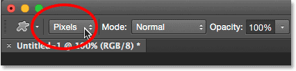 Setting the Tool Mode option to Pixels. Image © 2014 Photoshop Essentials.com.