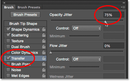 Setting Opacity Jitter to 75% in the Brush panel. Image © 2014 Photoshop Essentials.com.