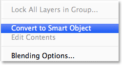 Memilih Convert ke perintah Smart Object dari menu panel Layers. Image © 2013 Photoshop Essentials.com