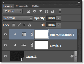 Panel Layers menampilkan lapisan penyesuaian Hue / Saturation baru. Image © 2013 Photoshop Essentials.com