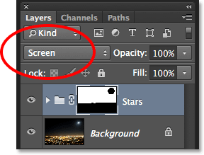 Mengubah modus campuran lapisan kelompok Stars ke Screen. Image © 2013 Photoshop Essentials.com