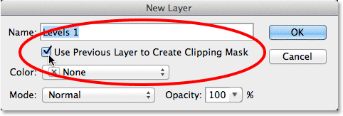 Memilih Gunakan layer sebelumnya untuk Membuat Clipping Mask opsi. Image © 2013 Photoshop Essentials.com