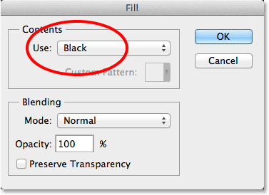 Mengubah Gunakan pilihan untuk Hitam di kotak dialog Fill. Image © 2013 Photoshop Essentials.com