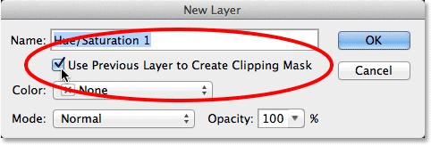 Memilih Gunakan layer sebelumnya untuk Membuat Clipping pilihan Topeng di kotak dialog New Layer. Image © 2013 Photoshop Essentials.com