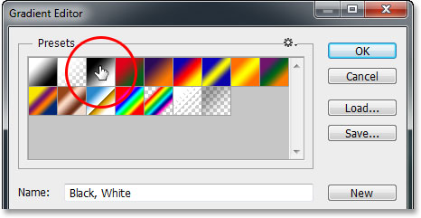 Memilih Hitam, Putih gradien dari Gradient Editor di Photoshop. Image © 2013 Photoshop Essentials.com