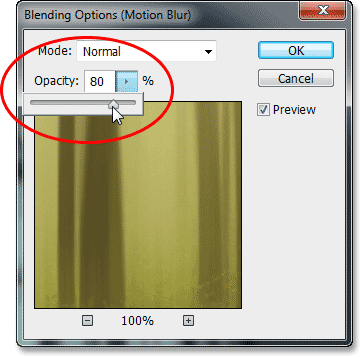 Mengatur opacity dari Motion Blur Smart Filter. Image © 2013 Photoshop Essentials.com