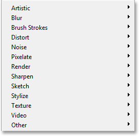 Semua kelompok penyaring tersedia lagi dari menu Filter. Image © 2013 Photoshop Essentials.com