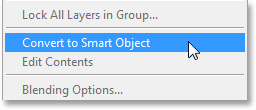 Memilih Convert to Smart Object dari menu panel Layers. Image © 2013 Photoshop Essentials.com